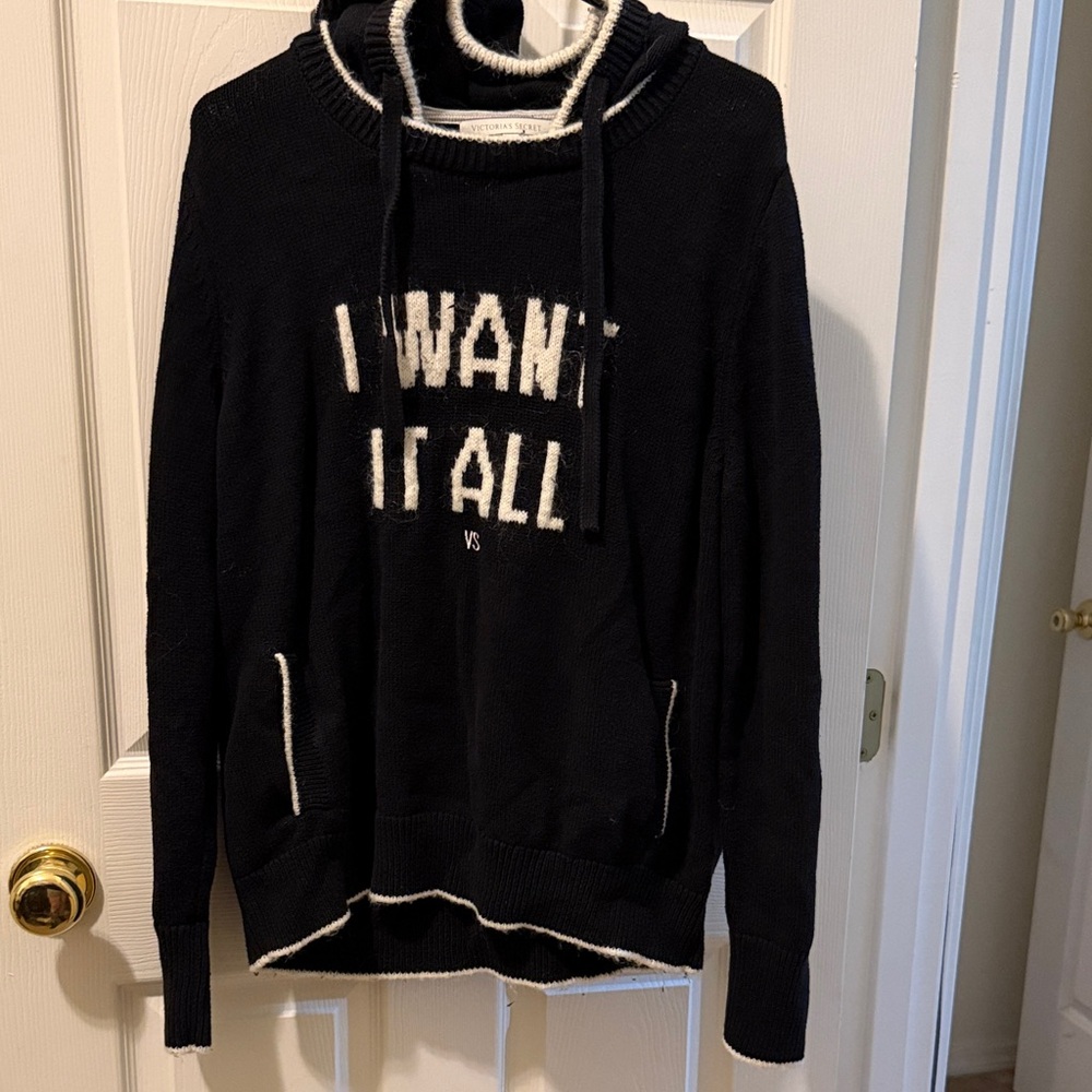 Victoria's Secret Black and Cream Knit Hooded Sweater with Pockets